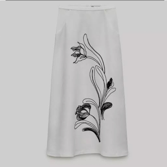 NWOT Zara $109 Collection Linen Skirt Contrast Embroidery White. Size L - Picture 2 of 11